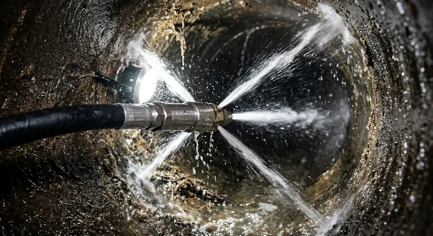 High-pressure hydro jetting nozzle cleaning sewer pipe for Trenchless Sewer Repair in Muncie