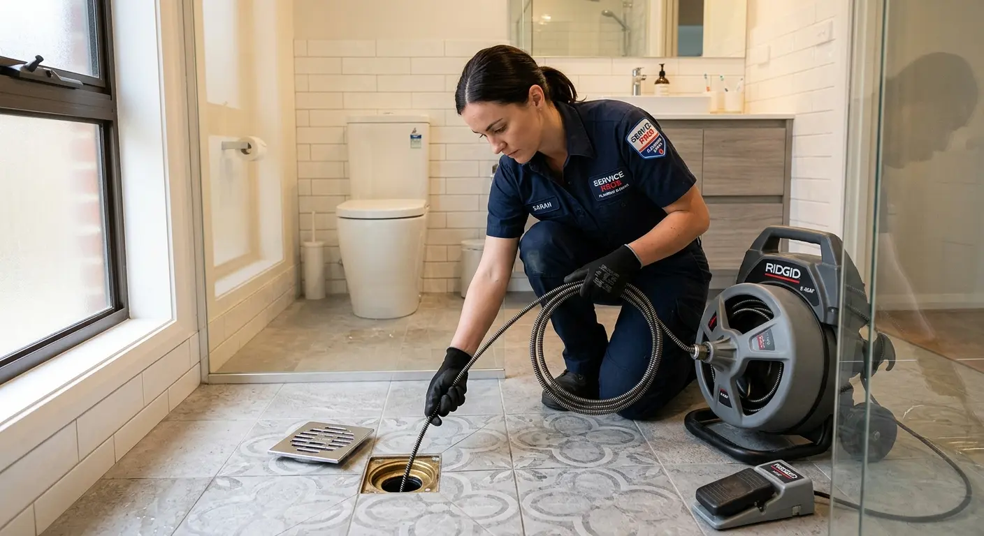 Technician clearing a bathroom floor drain for Drain Repair in Muncie